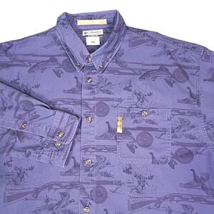 Columbia River Lodge Mens XL Blue AOP Fishing Hunting Print Button Down Shirt